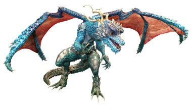 Beyaz arka planda izole edilmiş bir fantezi ejderhanın 3 boyutlu canlandırması