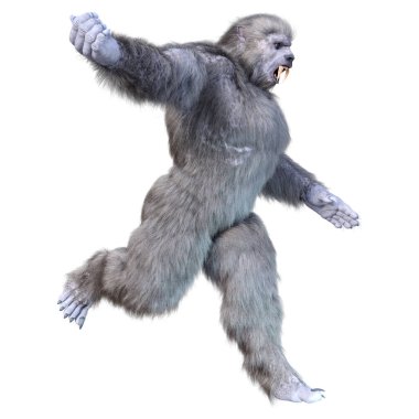 Bir kar canavarı ya da beyaz arka planda izole edilmiş bir Koca Ayak 'ın 3 boyutlu görüntüsü