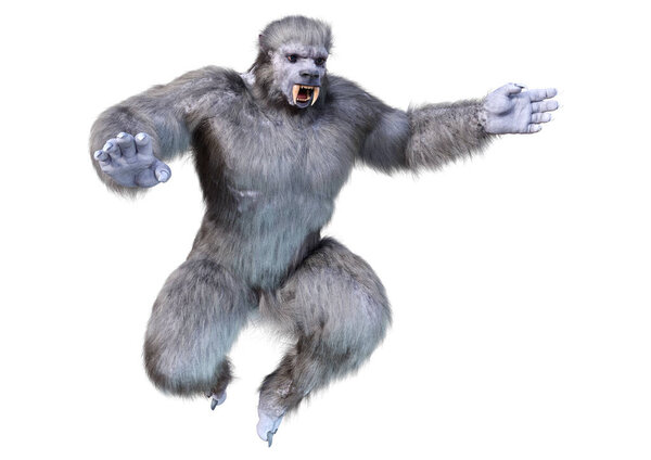 3D rendering of a snow beast creature or a Bigfoot isolated on white background