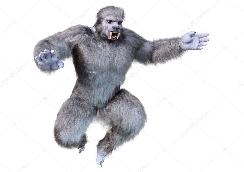 3D rendering of a snow beast creature or a Bigfoot isolated on white background