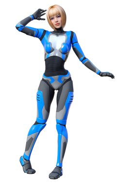 Beyaz arka planda izole edilmiş bir kadın robotun 3 boyutlu canlandırması