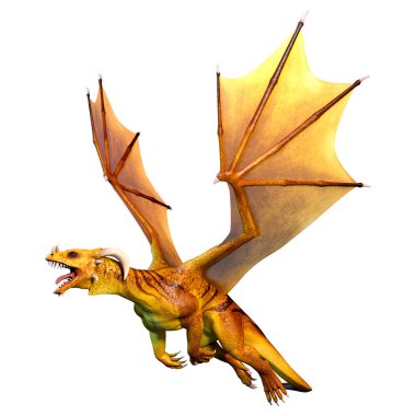 Beyaz arka planda izole edilmiş bir fantezi ejderhanın 3 boyutlu canlandırması