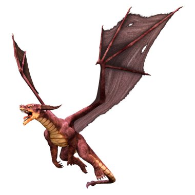 Beyaz arka planda izole edilmiş bir fantezi ejderhanın 3 boyutlu canlandırması