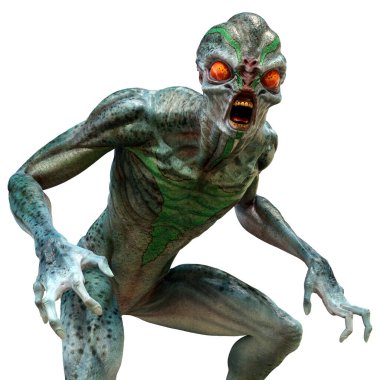 Beyaz arka planda izole edilmiş yeşil bir uzaylının 3 boyutlu görüntüsü