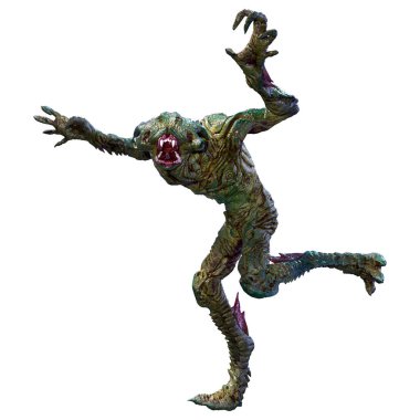 Beyaz arka planda izole edilmiş yeşil bir uzaylının 3 boyutlu görüntüsü