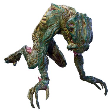 Beyaz arka planda izole edilmiş yeşil bir uzaylının 3 boyutlu görüntüsü