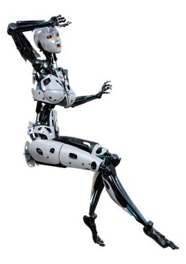 Beyaz arka planda izole edilmiş bir kadın robotun 3 boyutlu canlandırması