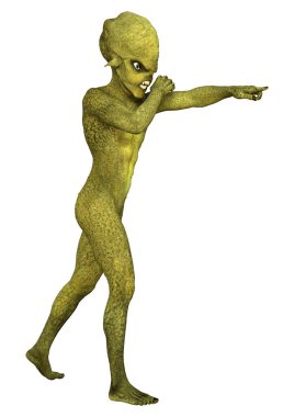 Beyaz arka planda izole edilmiş yeşil bir uzaylının 3 boyutlu görüntüsü