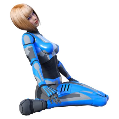 Beyaz arka planda izole edilmiş bir kadın robotun 3 boyutlu canlandırması