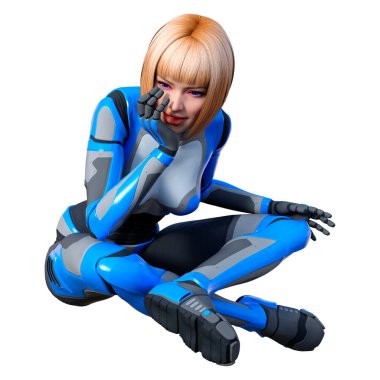 Beyaz arka planda izole edilmiş bir kadın robotun 3 boyutlu canlandırması