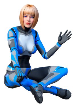 Beyaz arka planda izole edilmiş bir kadın robotun 3 boyutlu canlandırması