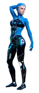 Beyaz arka planda izole edilmiş bir kadın robotun 3 boyutlu canlandırması