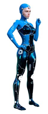 Beyaz arka planda izole edilmiş bir kadın robotun 3 boyutlu canlandırması