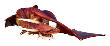 Beyaz arka planda izole edilmiş bir fantezi ejderhanın 3 boyutlu canlandırması