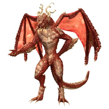 Beyaz arka planda izole edilmiş bir fantezi ejderhanın 3 boyutlu canlandırması