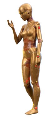 Beyaz arka planda izole edilmiş bir kadın robotun 3 boyutlu canlandırması