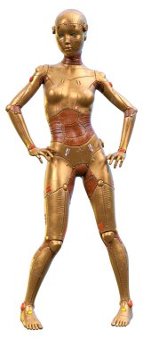 Beyaz arka planda izole edilmiş bir kadın robotun 3 boyutlu canlandırması