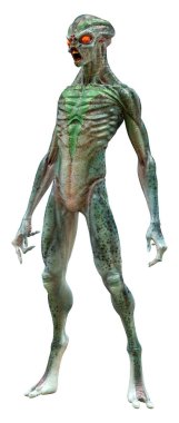 Beyaz arka planda izole edilmiş yeşil bir uzaylının 3 boyutlu görüntüsü