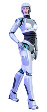 Beyaz arka planda izole edilmiş bir kadın robotun 3 boyutlu canlandırması