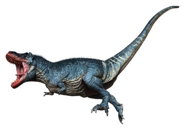 Beyaz zemin üzerinde izole edilmiş bir dinozor Tyrannosaurus Rex 'in 3D görüntüsü