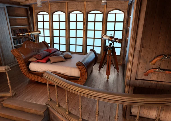 3D rendering of a vintage pirate cabin interior