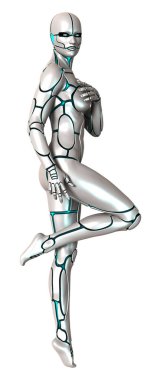Beyaz arka planda izole edilmiş bir kadın robotun 3 boyutlu canlandırması