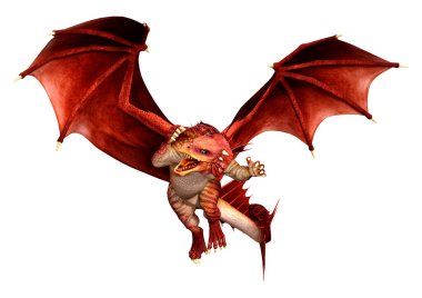 Beyaz arka planda izole edilmiş bir fantezi ejderhanın 3 boyutlu canlandırması