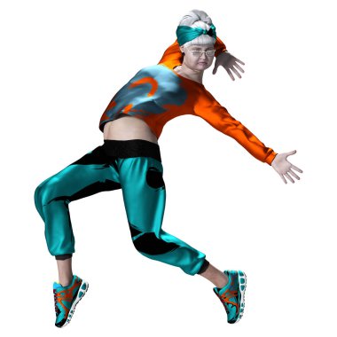 Beyaz arka planda tek başına dans eden yaşlı bir kadının 3 boyutlu görüntüsü