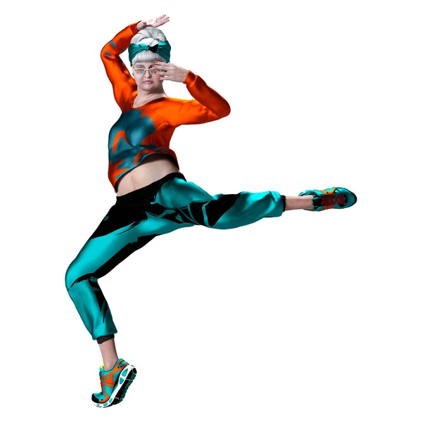 一个在白色背景下独立跳舞的老年女子的3D渲染 — 图库照片