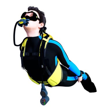 Beyaz arka planda izole edilmiş genç bir erkek dalgıcın 3D görüntüsü