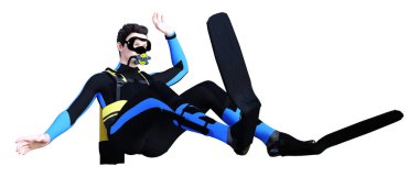 Beyaz arka planda izole edilmiş genç bir erkek dalgıcın 3D görüntüsü