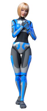 Beyaz arka planda izole edilmiş bir kadın robotun 3 boyutlu canlandırması