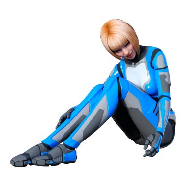 Beyaz arka planda izole edilmiş bir kadın robotun 3 boyutlu canlandırması