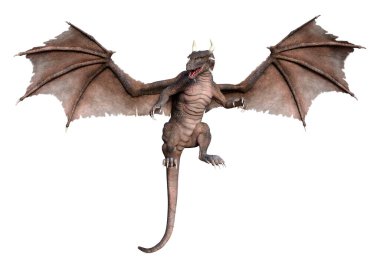 Beyaz arka planda izole edilmiş bir fantezi ejderhanın 3 boyutlu canlandırması