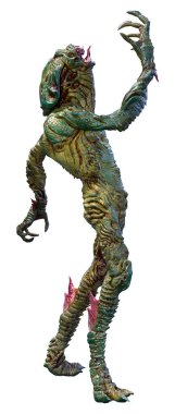 Beyaz arka planda izole edilmiş yeşil bir uzaylının 3 boyutlu görüntüsü