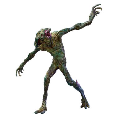 Beyaz arka planda izole edilmiş yeşil bir uzaylının 3 boyutlu görüntüsü