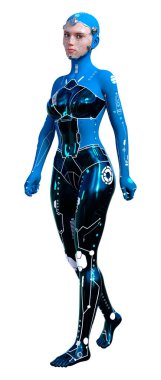 Beyaz arka planda izole edilmiş bir kadın robotun 3 boyutlu canlandırması