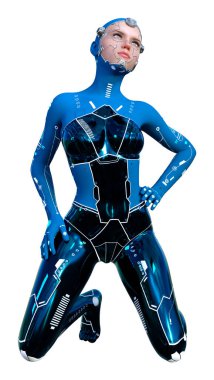 Beyaz arka planda izole edilmiş bir kadın robotun 3 boyutlu canlandırması