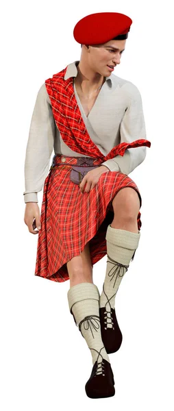 一个年轻的高地人穿着传统的苏格兰短裙在白色背景上被隔离的3D渲染 — 图库照片