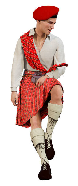 3D rendering of a young highlander wearing a traditional scottish kilt isolated on white background