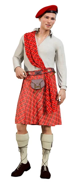 白い背景に隔離された伝統的なスコットランドのキルトを身に着けている若いハイランダーの3Dレンダリング — ストック写真