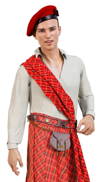 Rendering Young Highlander Wearing Traditional Scottish Kilt Isolated White Background — Stock Photo, Image