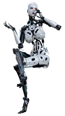 Beyaz arka planda izole edilmiş bir kadın robotun 3 boyutlu canlandırması