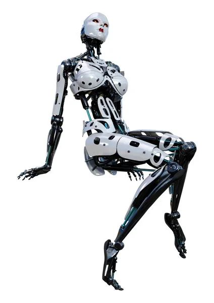 基于白色背景隔离的女性机器人3D渲染 — 图库照片