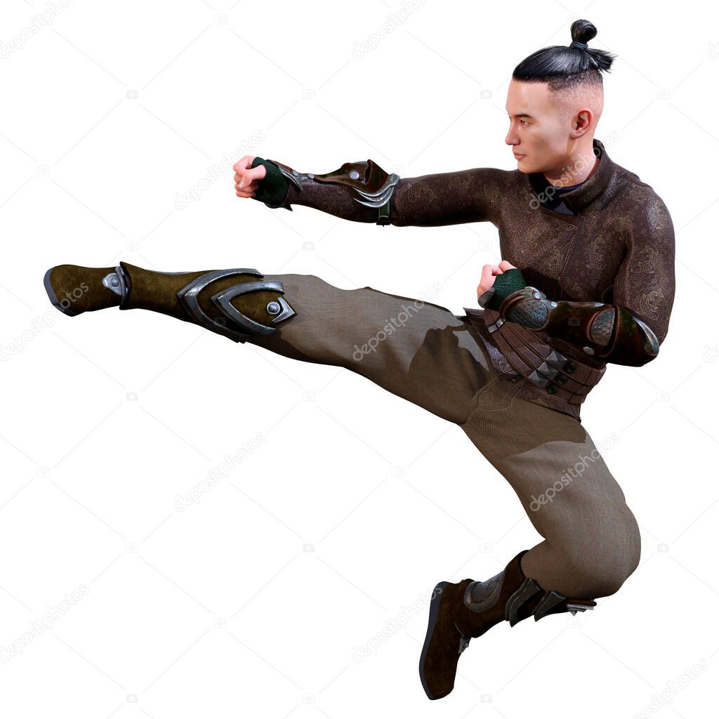 3D rendering of a young Asian man exercising kung fu isolated on white background
