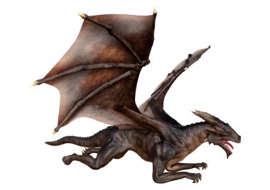 Beyaz arka planda izole edilmiş bir fantezi ejderhanın 3 boyutlu canlandırması