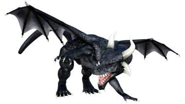 Beyaz arka planda izole edilmiş bir fantezi ejderhanın 3 boyutlu canlandırması