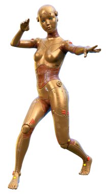 Beyaz arka planda izole edilmiş bir kadın robotun 3 boyutlu canlandırması