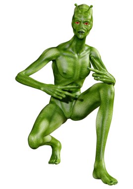 Beyaz arka planda izole edilmiş yeşil bir uzaylının 3 boyutlu görüntüsü