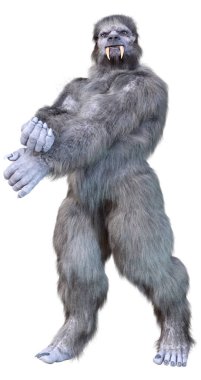 Bir kar canavarı ya da beyaz arka planda izole edilmiş bir Koca Ayak 'ın 3 boyutlu görüntüsü